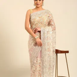 Mohey Purple Net Embroidered Saree With Unstitched Blouse image 4