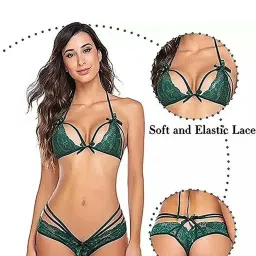 AROUSY Green & Pink Self Pattern Lingerie Set image 4