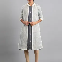 W Blue Woven Pattern A Line Kurti With Jacket-image-65