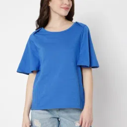Vero Moda Blue Self Design Cotton Top-image-30