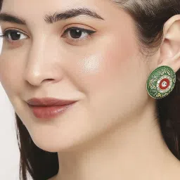 OOMPH Green Meenakari & Kundan Large Ethnic Stud Earrings For Women image 4