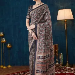 Satrani Black Silk Crepe Printed Saree With Unstitched Blouse image 4