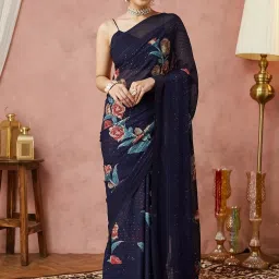 Satrani Navy Blue Georgette Embellished Saree With Unstitched Blouse image 4