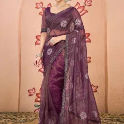 Satrani Purple Net Embroidered Saree With Unstitched Blouse image 4