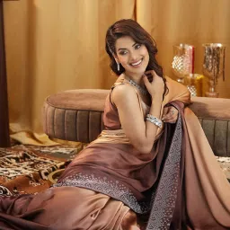 Satrani Brown Satin Embellished Saree With Unstitched Blouse image 4