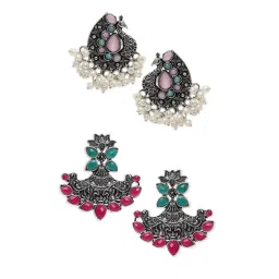 OOMPH Oxidized Silver Ethnic Green & Pink Stones Lotus & Peacock Shape Drop Earrings - Set of 2 image 4