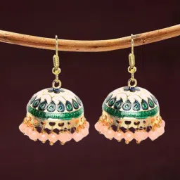 Oomph Peach Meenakari Floral Design with Beads Jhumki Earrings-picture-38
