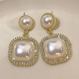 Vembley Gold-Plated Square Shaped Cubic Zirconia Pearl Drop Earrings image 2