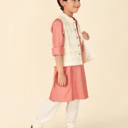 Fabindia Kids Peach & Beige Printed Full Sleeves Kurta with Nehru Jacket image 4