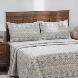 Maspar Printed Grey 300 Cotton Double Bed Sheet With Pillow Case-image-9