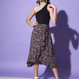 Trend Arrest Black & Brown Floral Print A-Line Wrap Skirt image 4