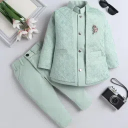 Fourfolds Boys Light Green Embroidered Clothing Set-image-73