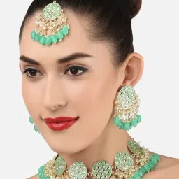 Zaveri Pearls Green Meenakari Traditional Choker Necklace Earring Maangtikka & Ring Set-ZPFK11607-picture-33