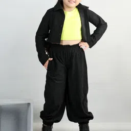 AWW HUNNIE Girls Crop Rib Top With Full Sleeves Coudroy Collar Shirt & Coudroy Joggers-image-2