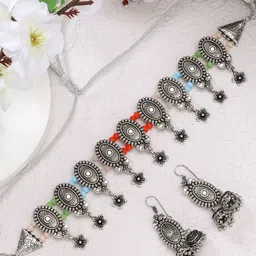 Sangria Women Silver-Plated Beaded Oxidized Choker Necklace With Jhumka Earrings-picture-29