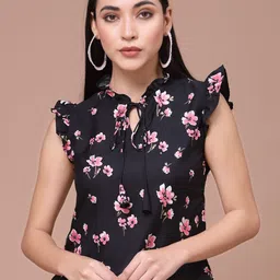 Oomph! Floral Printed Tie-Up Neck Flutter Sleeves A-Line Top-picture-37