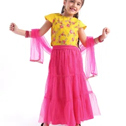 Babyhug Woven Half Sleeves Embroidered Choli and Net Lehenga with Dupatta - Pink-picture-22