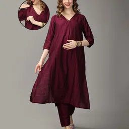 The Mom Store Three Fourth Sleeves Placket Thread Work Embroidered Maternity Kurta Set With Concealed Zipper Nursing Access - Wine Purple-picture-14