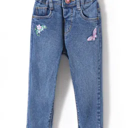 Babyhug Denim Full Length Jeans With Stretch & Butterfly Embroidery - Blue image 1