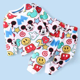 Babyhug Disney 100% Cotton Knit Full Sleeve Night Suit With Mickey Mouse Print - White-image-78