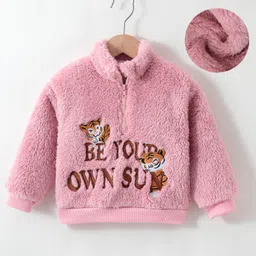 Kookie Kids Full Sleeves High Neck Front Open Winter Fur Jacket with Text & Animal Embroidery - Pink-image-30