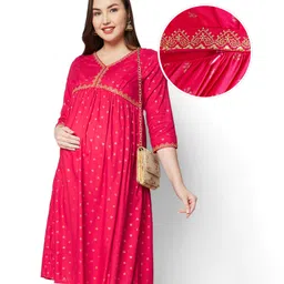 Bella Mama Viscose Woven Three Fourth Sleeves Floral Printed Maternity Kurta With Pocket - Red-picture-38