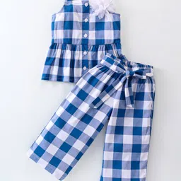 CrayonFlakes Rayon Sleeveless Floral Applique Detail Checked Coordinating Top With Palazzo Set - Blue-picture-25