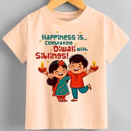 KNITROOT Diwali Theme Half Sleeves Diwali With Siblings Printed T-Shirt - Peach-picture-21