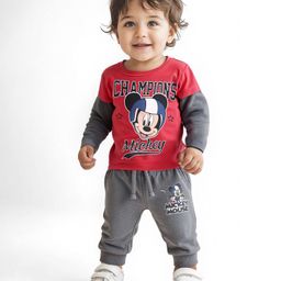 Babyoye Disney Single Jersey Knit Full Doctor Sleeves T-Shirt & Lounge Pant Set with Mickey Mouse Graphics - Red-picture-22