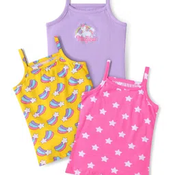 Babyhug 100% Cotton Knit Singlet Sleeves Slips with Star & Unicorn Prints Pack of 3- Dark Pink Yellow & Purple-picture-12