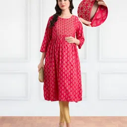 Bella Mama Woven Three Fourth Sleeves Floral Printed Maternity Kurta with Pocket - Dark Pink-picture-21
