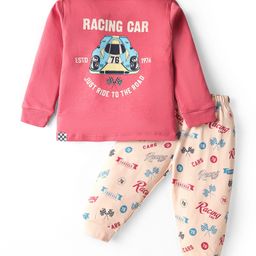 CUCUMBER Sinker Knit Full Sleeves Nightsuit With Vehicles Print - Red & Peach-picture-48