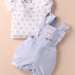 ToffyHouse Corduroy Woven Half Sleeves Tee & Dungaree Set With Teddy Embroidery - Lavender & White-picture-43
