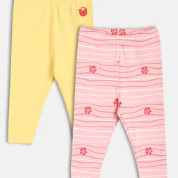 MINI KLUB Cotton Knit Pack Of 2 Floral Printed & Cat Embroidered Leggings - Pink & Yellow-picture-24