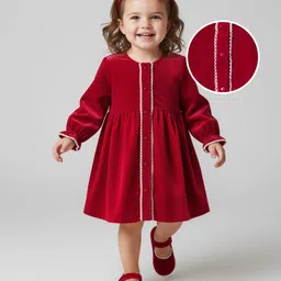 Babyhug Cotton Velour Full Sleeves Solid Color Front Open Frock - Maroon-image-70