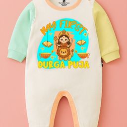 The Peppy Tend 100% Cotton Knit Durga Puja Theme Full Sleeves My First Durga Puja Text Printed Romper - Multi Colour-picture-3