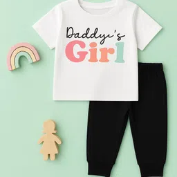 Luke and Lilly Cotton Knit Half Sleeves Daddys Girl Text Printed Tee & Joggers Set - White & Black-picture-15