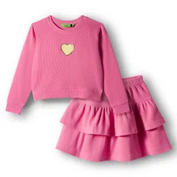 Tiara Waffle Knit Full Sleeves Heart Patch Detailed Winter Sweatshirt With Layered Skirt Set - Pink-picture-10