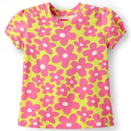 Babyhug Cotton Knit Half Sleeves Capri Nightsuit with Floral Print - Green & Pink image 2