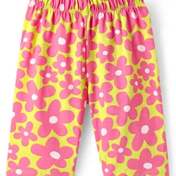Babyhug Cotton Knit Half Sleeves Capri Nightsuit with Floral Print - Green & Pink image 4
