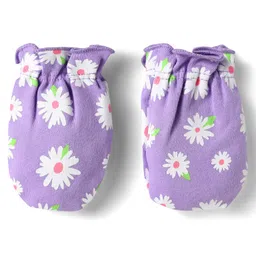 Babyhug 100% Cotton Knit Cap Mittens & Booties Set with Floral Print Purple - Diameter 11.5 cm image 5