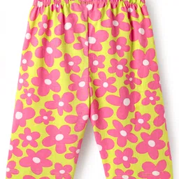 Babyhug Cotton Knit Half Sleeves Capri Nightsuit with Floral Print - Green & Pink image 5