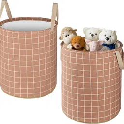 kuber industries Cotton Pack of 2 Checks Cotton 45L Foldable Toys Organizer for Kids Room | Light Brown Storage Basket image 1