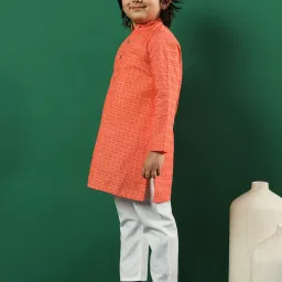 READIPRINT FASHIONS Kids Coral & White Embroidered Full Sleeves Kurta with Pyjamas image 4