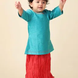 Fabindia Kids Teal Blue & Red Cotton Embroidered Full Sleeves Kurta Set image 4