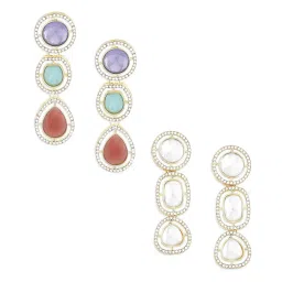 Zaveri Pearls Set of 2 Multicolor Stones & Austrian Diamonds Embellished Drop Earrings-ZPFK17982 image 4