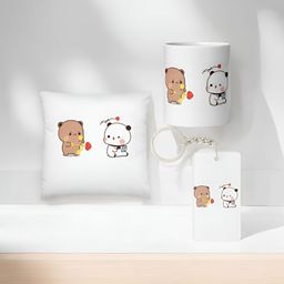 Anikmart 3-Pcs White & Brown Printed Cushion With Mug & Key Chain-picture-4