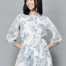 Colour Me by Melange White Cotton Printed A-Line Dress image 4
