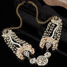 Karatcart Gold Plated Floral Design Pearl Chain and Kundan Studded Hair Band for Women-picture-2
