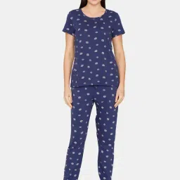 Zivame Navy Printed T-Shirt With Lounge Pants-picture-17